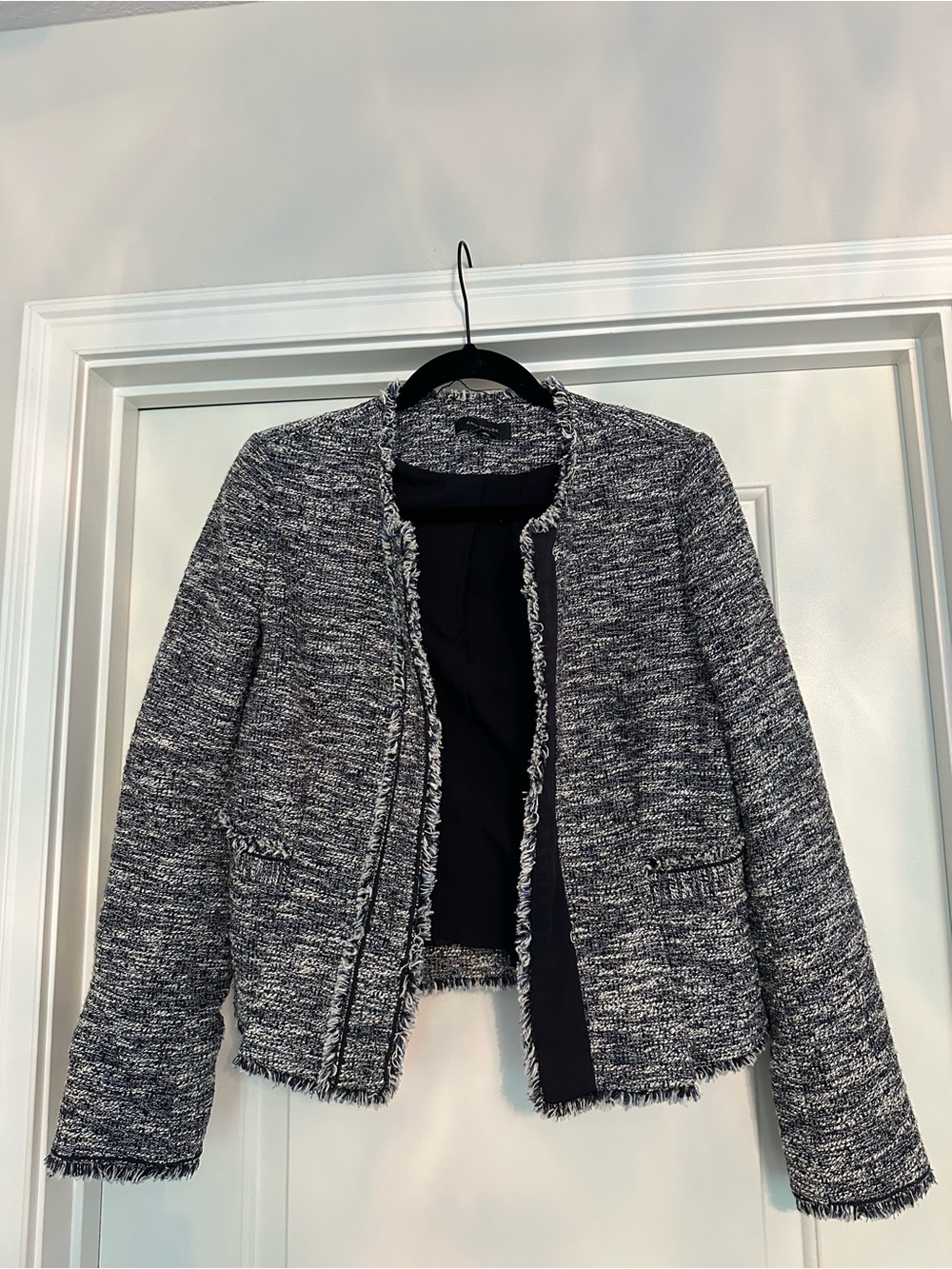 Ann Taylor Heathered Black & White Fringe Trim Tweed Jacket